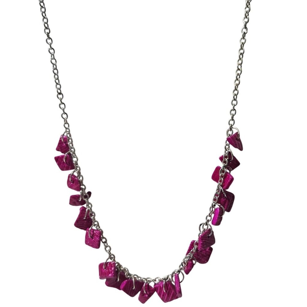 Retro Pink Shell Dangle Necklace Silver Tone Chain 80s 90s Fashion Jewelry